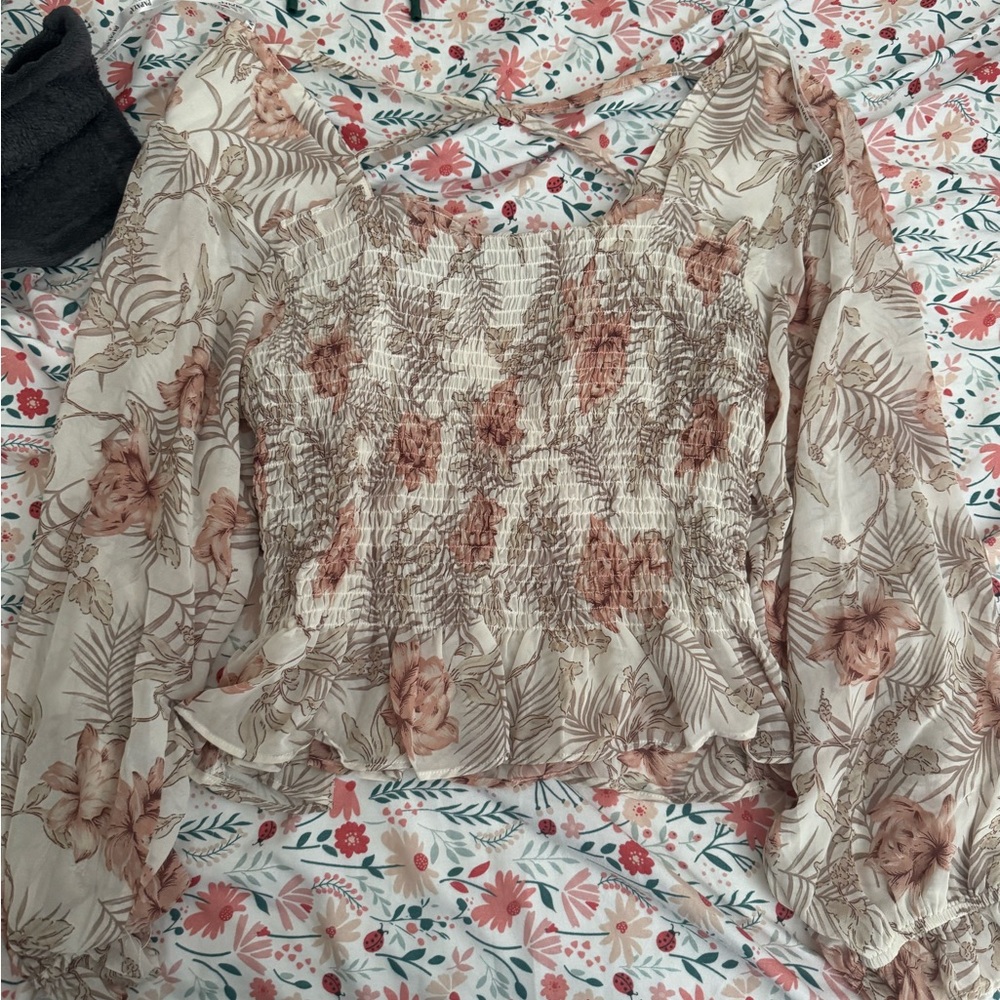 Papaya Cream Smocked Ruffled Long Sleeve Blouse